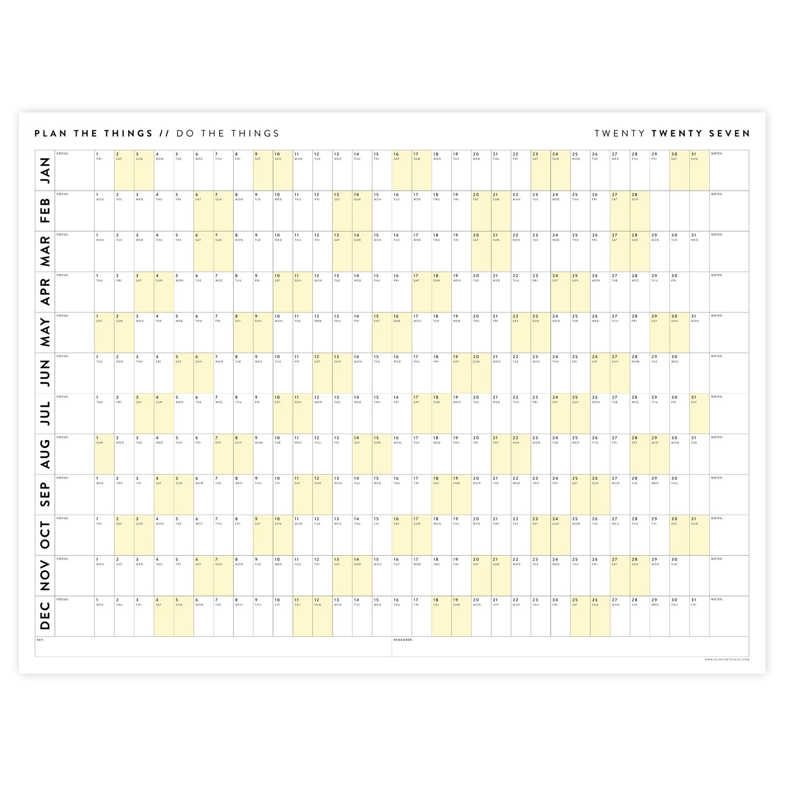 PRINTABLE 2027 Horizontal Wall Calendar | Digital PDF Instant Download | Minimalist Layout with Yellow Weekends | Print Up to 48" x 36"