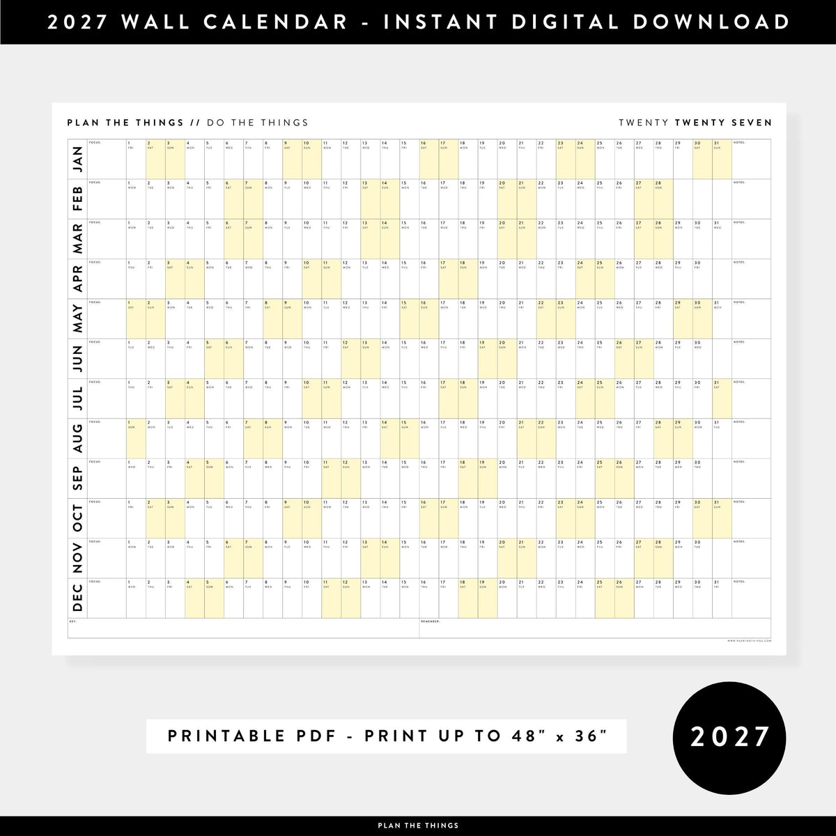 PRINTABLE 2027 Horizontal Wall Calendar | Digital PDF Instant Download | Minimalist Layout with Yellow Weekends | Print Up to 48" x 36"