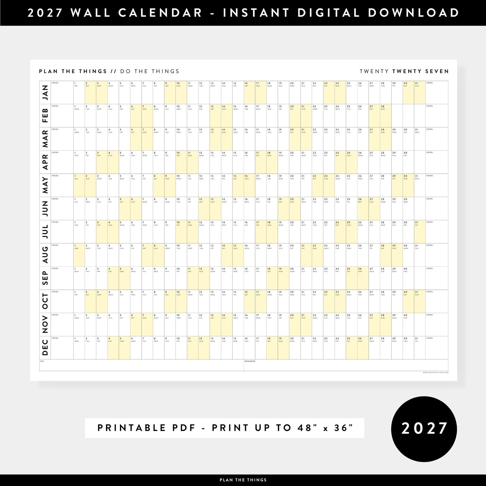 PRINTABLE 2027 Horizontal Wall Calendar | Digital PDF Instant Download | Minimalist Layout with Yellow Weekends | Print Up to 48" x 36"