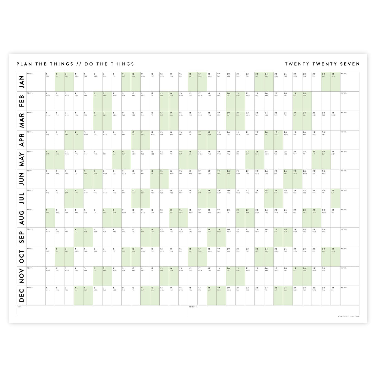PRINTABLE 2027 Horizontal Wall Calendar | Digital PDF Instant Download | Minimalist Layout with Green Weekends | Print Up to 48" x 36"
