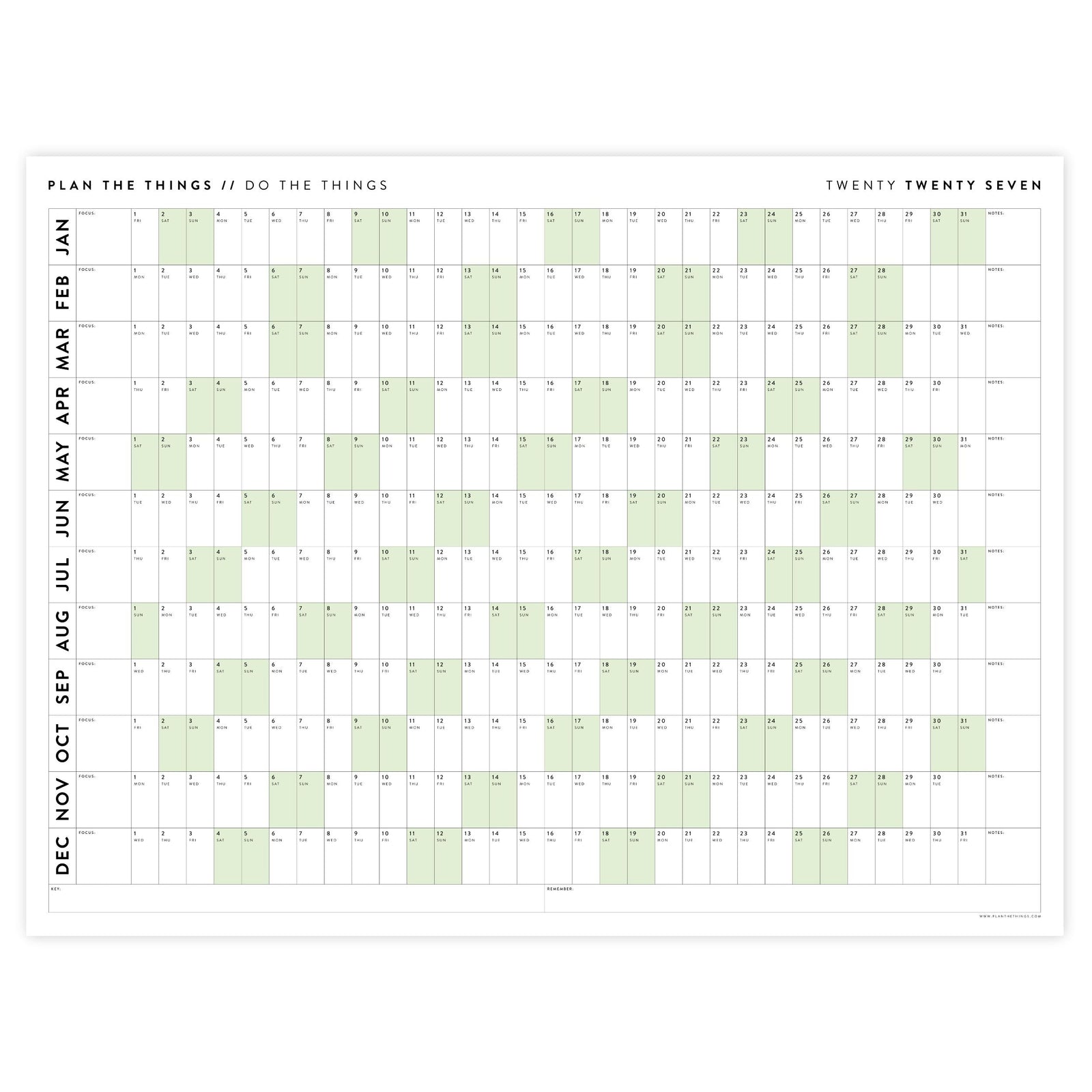 PRINTABLE 2027 Horizontal Wall Calendar | Digital PDF Instant Download | Minimalist Layout with Green Weekends | Print Up to 48" x 36"