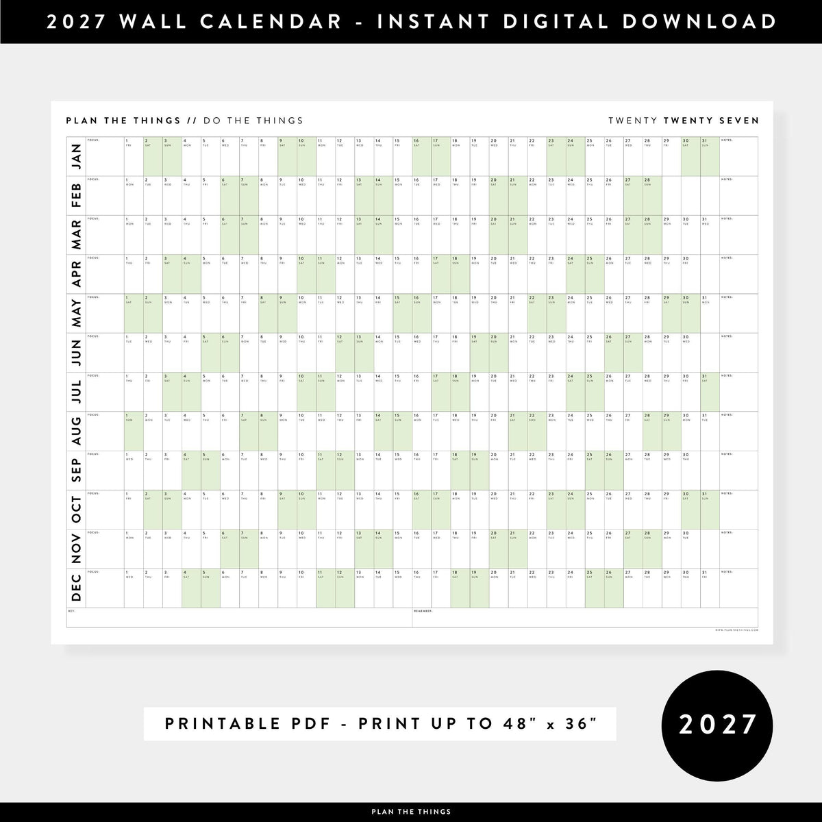 PRINTABLE 2027 Horizontal Wall Calendar | Digital PDF Instant Download | Minimalist Layout with Green Weekends | Print Up to 48" x 36"