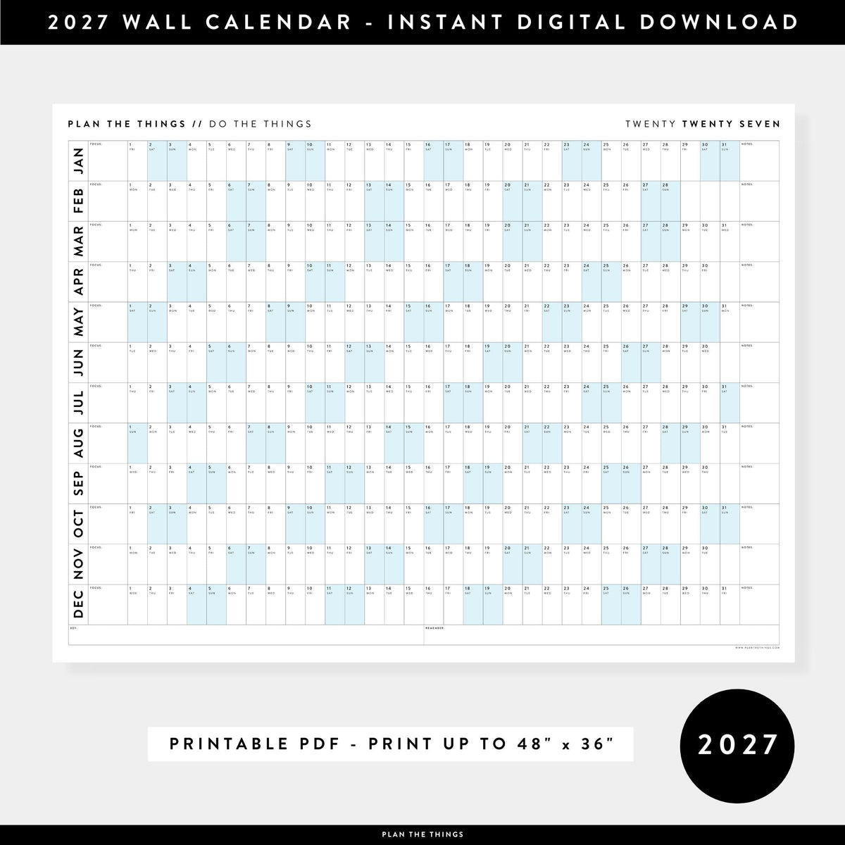 PRINTABLE 2027 Horizontal Wall Calendar | Digital PDF Instant Download | Minimalist Layout with Blue Weekends | Print Up to 48" x 36"
