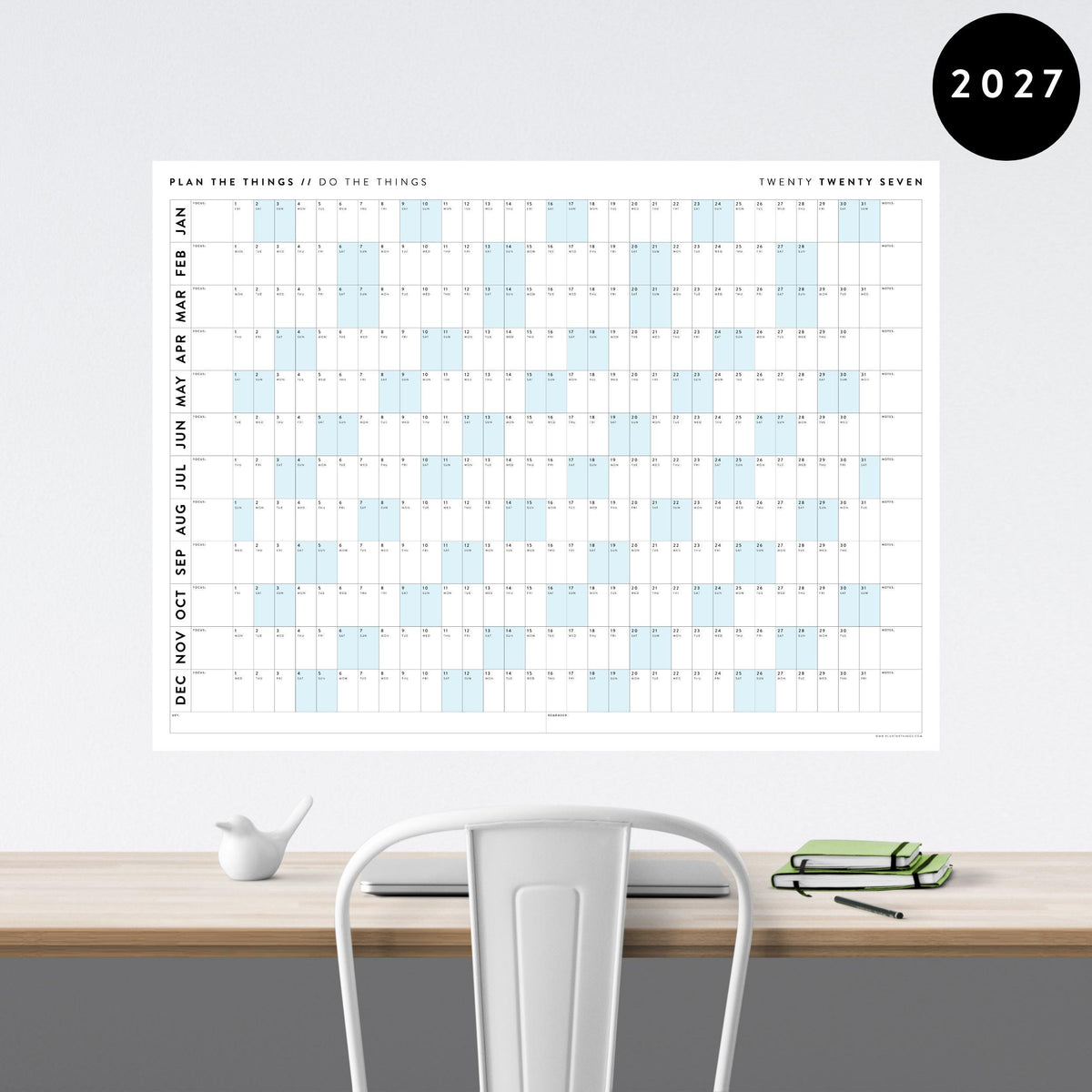 PRINTABLE 2027 Horizontal Wall Calendar | Digital PDF Instant Download | Minimalist Layout with Blue Weekends | Print Up to 48" x 36"