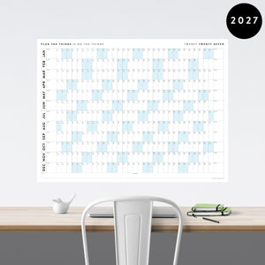 PRINTABLE 2027 Horizontal Wall Calendar | Digital PDF Instant Download | Minimalist Layout with Blue Weekends | Print Up to 48" x 36"
