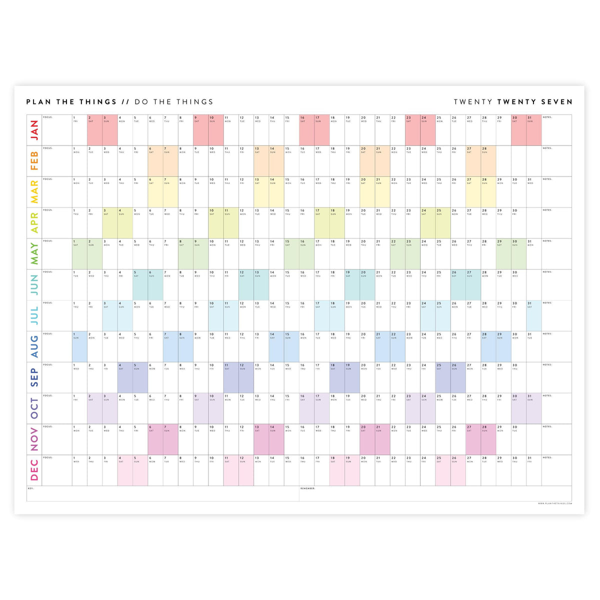 PRINTABLE 2027 Horizontal Wall Calendar | Digital PDF Instant Download | Minimalist Layout with Rainbow Weekends | Print Up to 48" x 36"