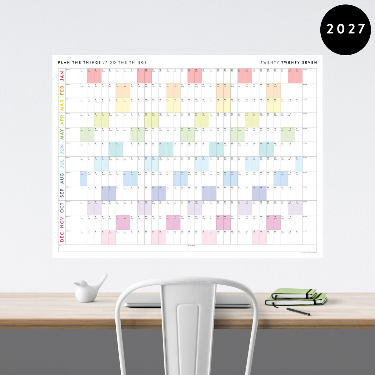 PRINTABLE 2027 Horizontal Wall Calendar | Digital PDF Instant Download | Minimalist Layout with Rainbow Weekends | Print Up to 48" x 36"