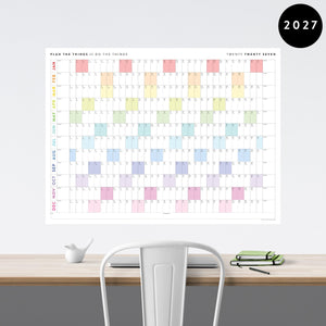 PRINTABLE 2027 Horizontal Wall Calendar | Digital PDF Instant Download | Minimalist Layout with Rainbow Weekends | Print Up to 48" x 36"