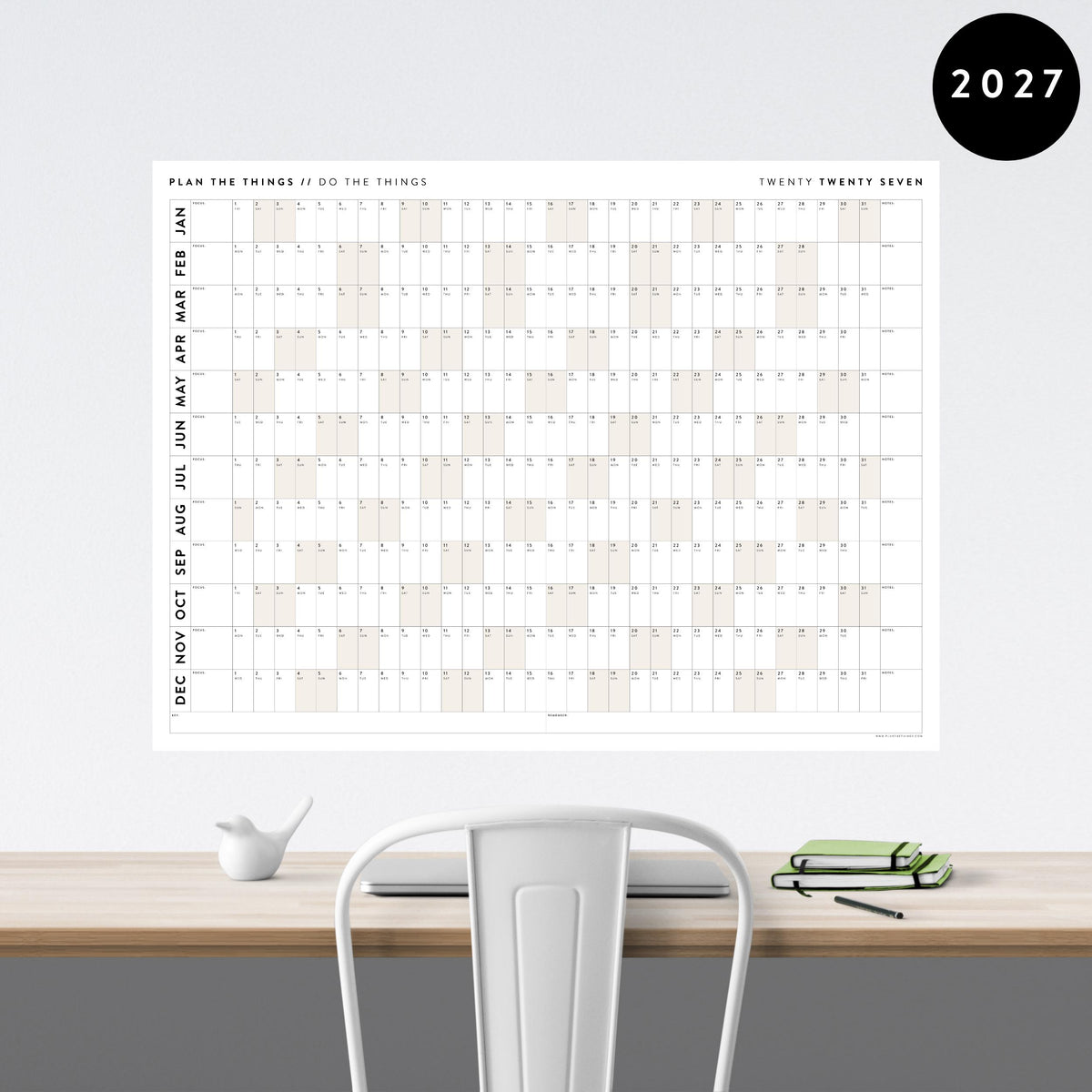PRINTABLE 2027 Horizontal Wall Calendar | Digital PDF Instant Download | Minimalist Layout with Beige Weekends | Print Up to 48" x 36"