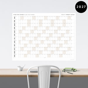 PRINTABLE 2027 Horizontal Wall Calendar | Digital PDF Instant Download | Minimalist Layout with Beige Weekends | Print Up to 48" x 36"
