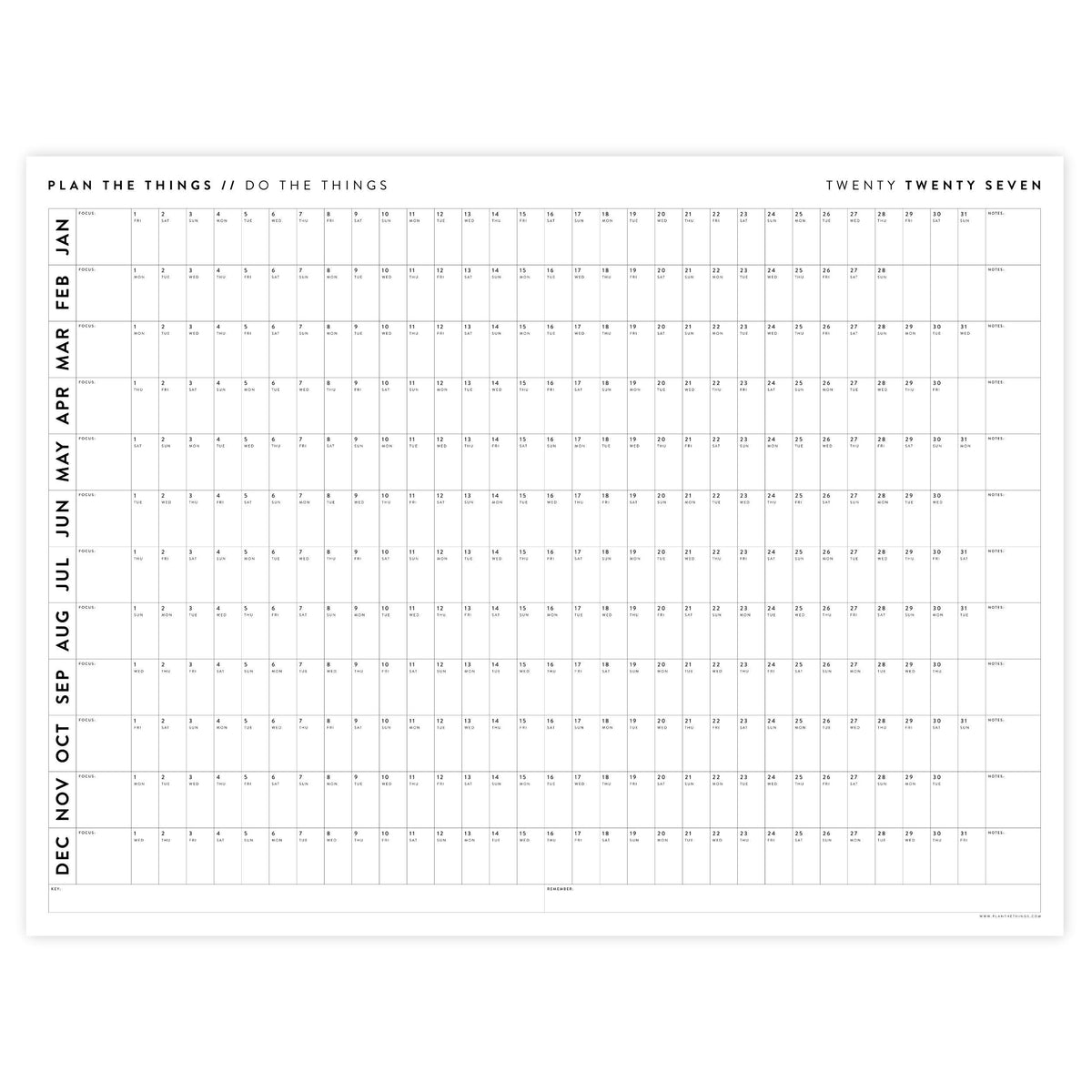 PRINTABLE 2027 Horizontal Wall Calendar | Digital PDF Instant Download | Clear Minimalist Layout | Print Up to 48" x 36"
