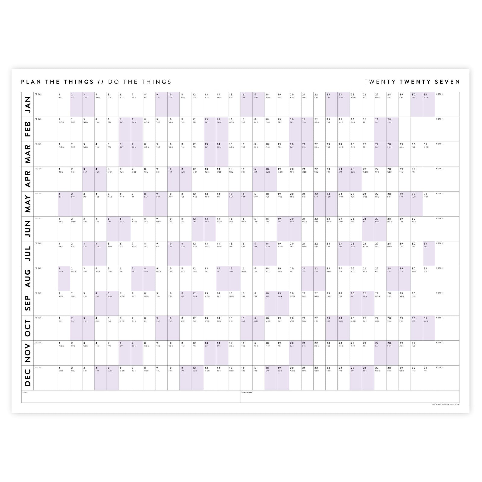 PRINTABLE 2027 Horizontal Wall Calendar | Digital PDF Instant Download | Minimalist Layout with Purple Weekends | Print Up to 48" x 36"
