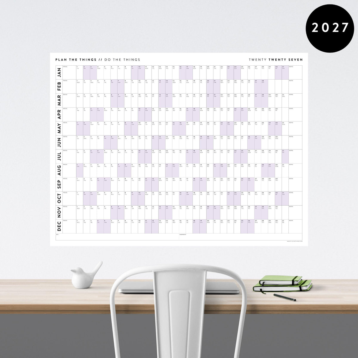 PRINTABLE 2027 Horizontal Wall Calendar | Digital PDF Instant Download | Minimalist Layout with Purple Weekends | Print Up to 48" x 36"