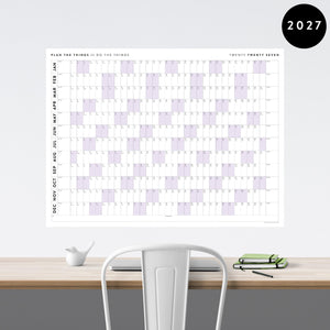 PRINTABLE 2027 Horizontal Wall Calendar | Digital PDF Instant Download | Minimalist Layout with Purple Weekends | Print Up to 48" x 36"