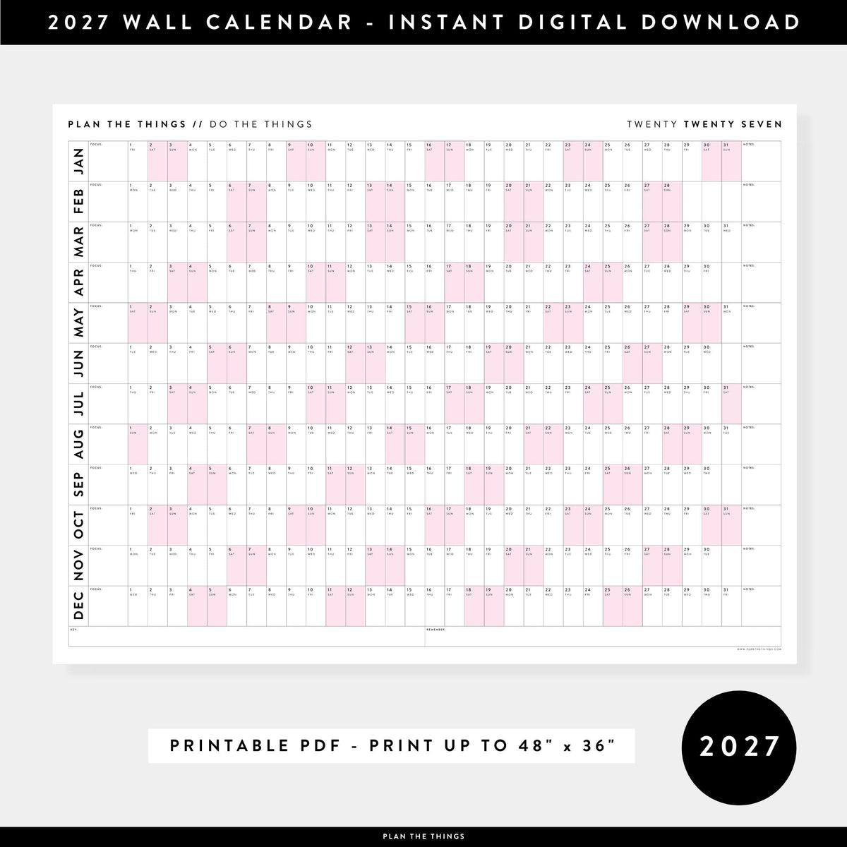 PRINTABLE 2027 Horizontal Wall Calendar | Digital PDF Instant Download | Minimalist Layout with Pink Weekends | Print Up to 48" x 36"