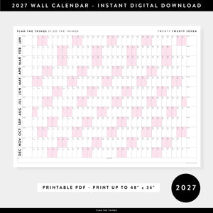 PRINTABLE 2027 Horizontal Wall Calendar | Digital PDF Instant Download | Minimalist Layout with Pink Weekends | Print Up to 48" x 36"