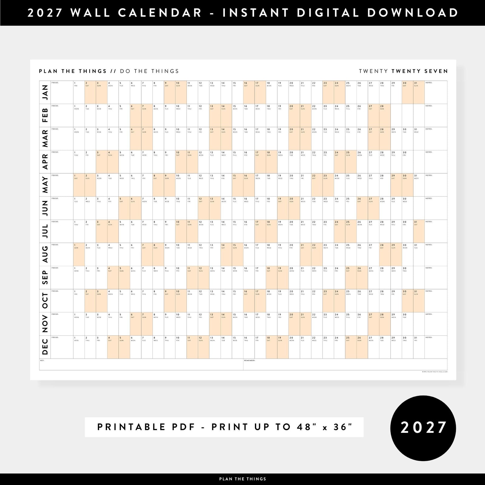 PRINTABLE 2027 Horizontal Wall Calendar | Digital PDF Instant Download | Minimalist Layout with Orange Weekends | Print Up to 48" x 36"