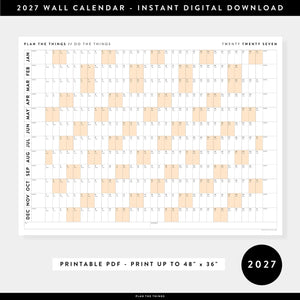 PRINTABLE 2027 Horizontal Wall Calendar | Digital PDF Instant Download | Minimalist Layout with Orange Weekends | Print Up to 48" x 36"