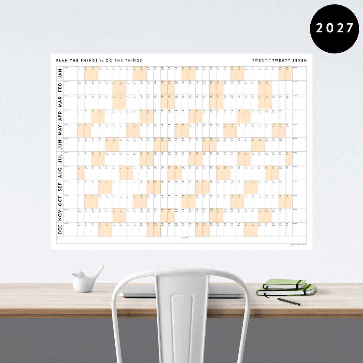 PRINTABLE 2027 Horizontal Wall Calendar | Digital PDF Instant Download | Minimalist Layout with Orange Weekends | Print Up to 48" x 36"