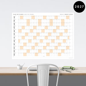 PRINTABLE 2027 Horizontal Wall Calendar | Digital PDF Instant Download | Minimalist Layout with Orange Weekends | Print Up to 48" x 36"