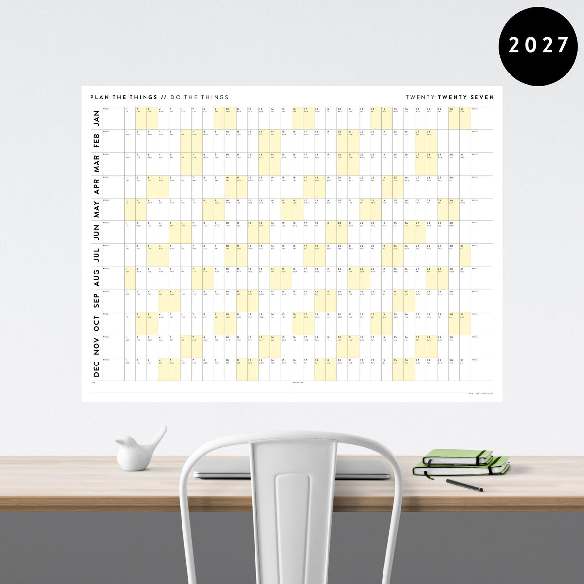 PRINTABLE 2027 Horizontal Wall Calendar | Digital PDF Instant Download | Minimalist Layout with Yellow Weekends | Print Up to 48" x 36"