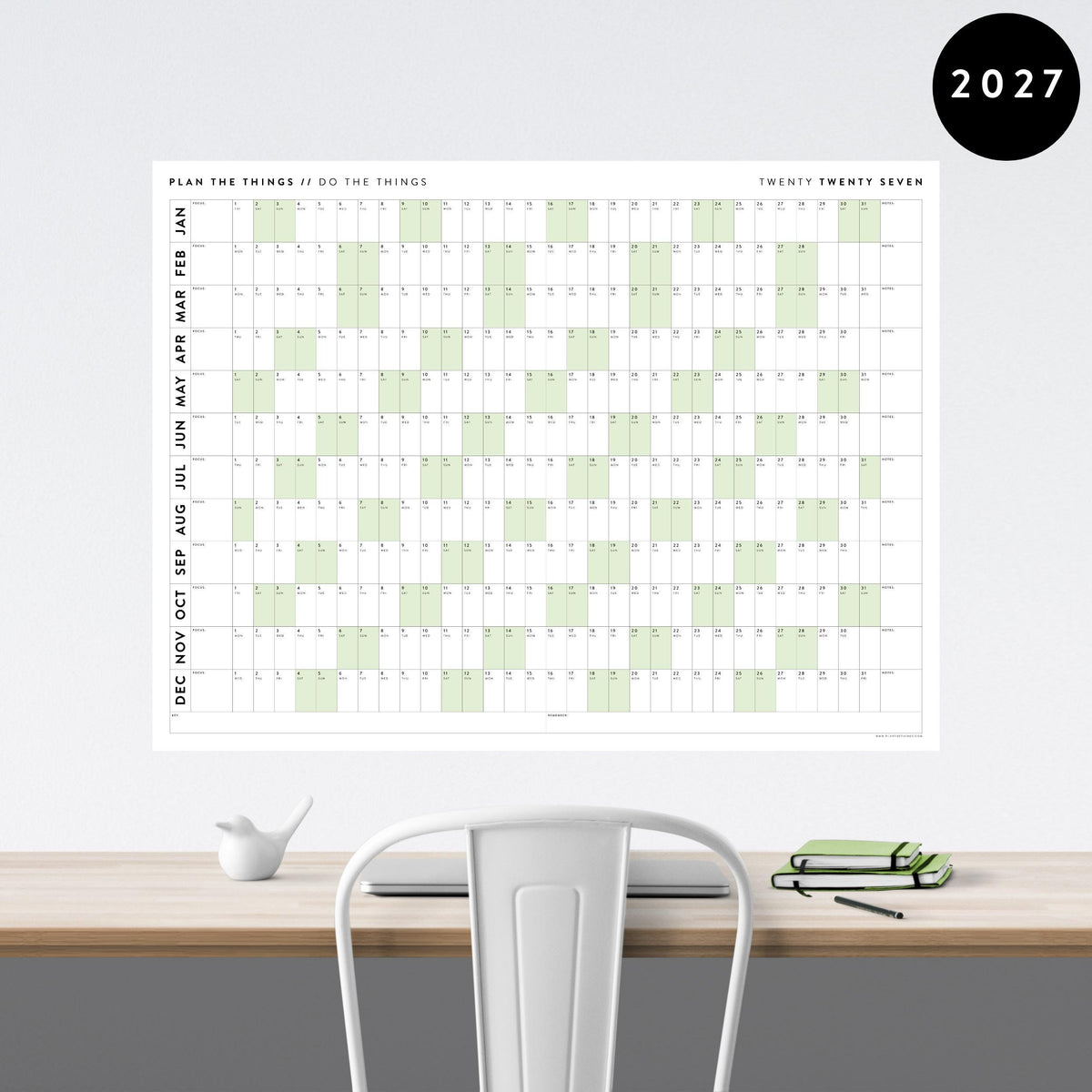 PRINTABLE 2027 Horizontal Wall Calendar | Digital PDF Instant Download | Minimalist Layout with Green Weekends | Print Up to 48" x 36"