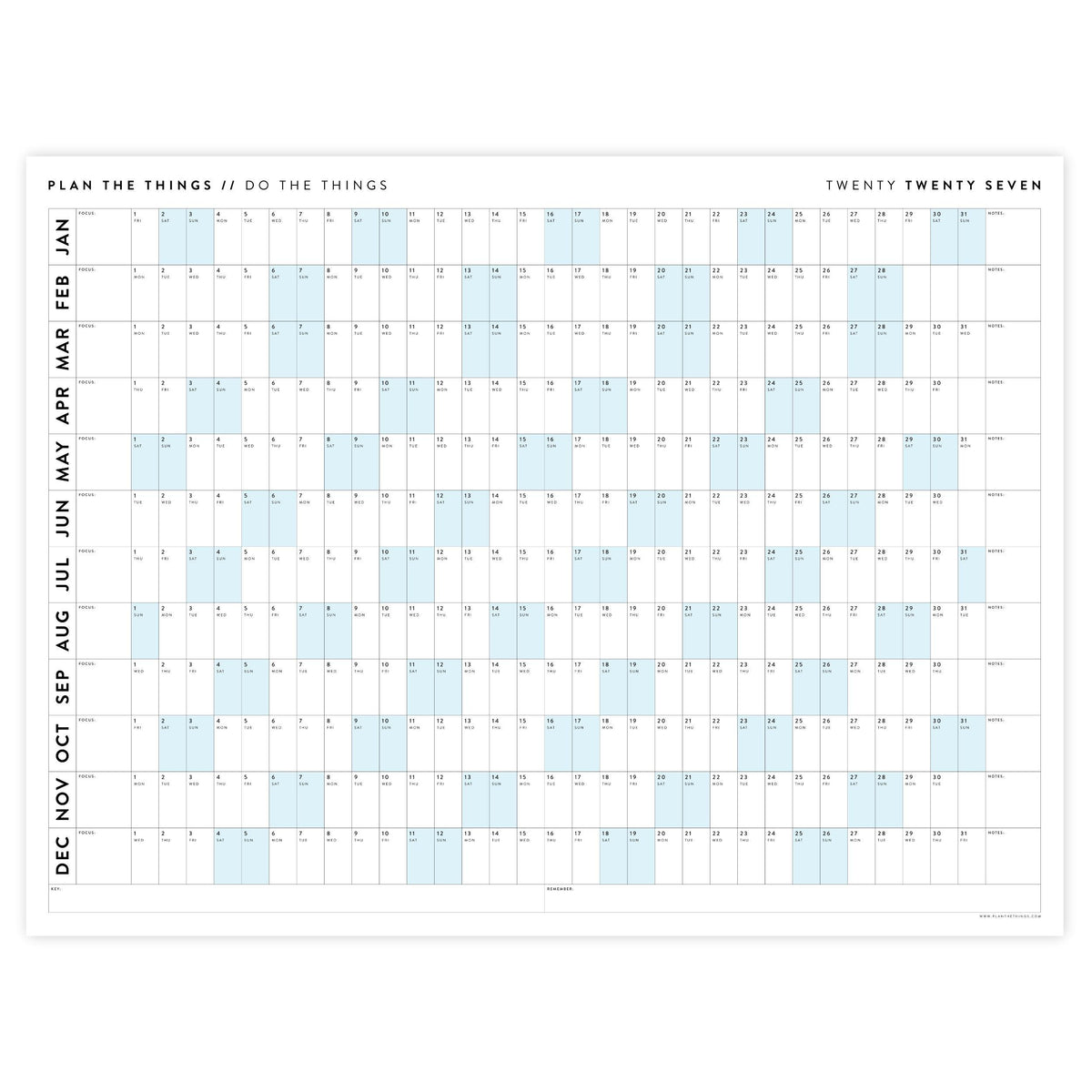 PRINTABLE 2027 Horizontal Wall Calendar | Digital PDF Instant Download | Minimalist Layout with Blue Weekends | Print Up to 48" x 36"