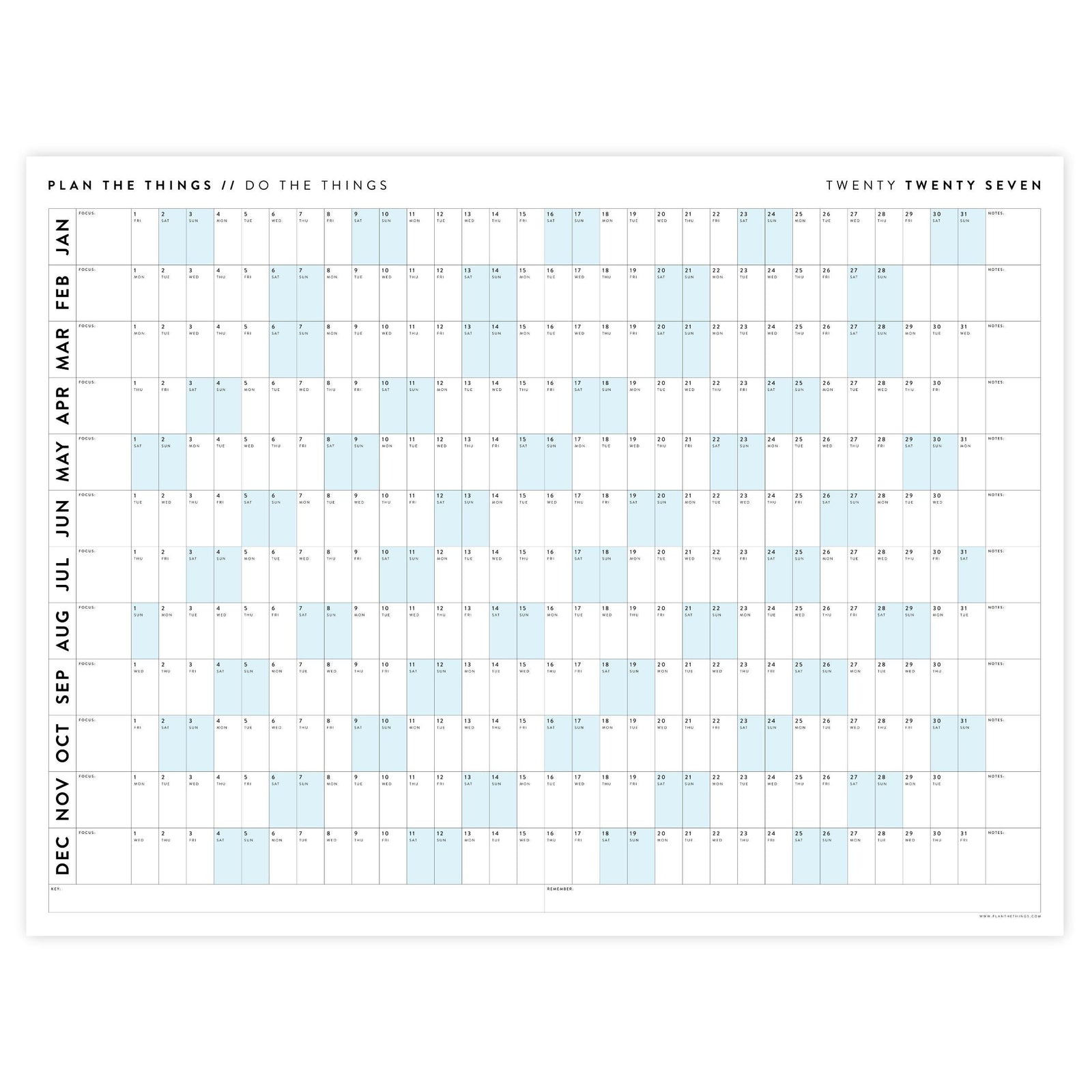 PRINTABLE 2027 Horizontal Wall Calendar | Digital PDF Instant Download | Minimalist Layout with Blue Weekends | Print Up to 48" x 36"