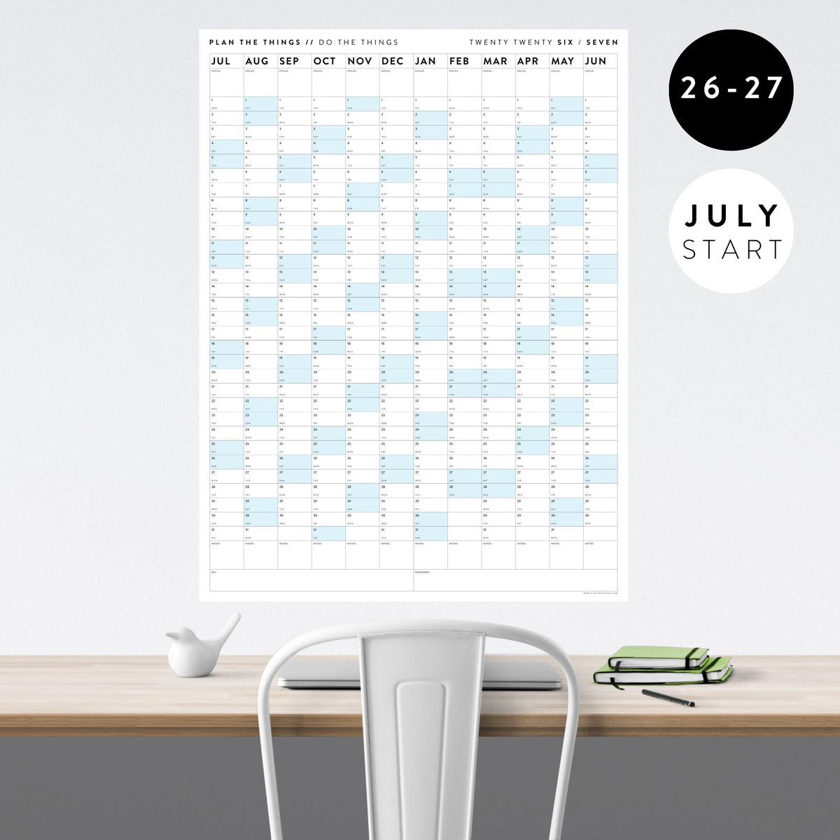 2026 - 2027 JULY Start Academic Wall Calendar | Mid-Year Monthly Planner | Annual Academic Vertical Family Student Teacher (Blue Weekends)