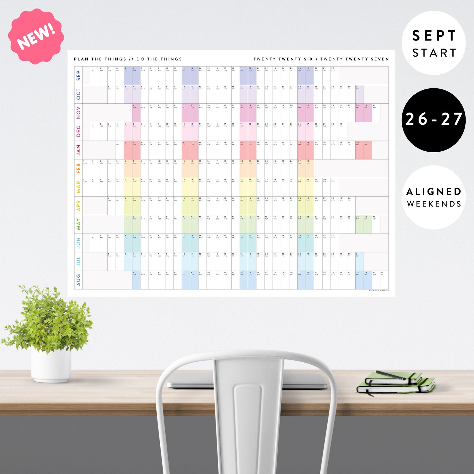 NEW! Giant 2026-2027 SEPTEMBER START Wall Calendar with Aligned Weekends | Student Teacher Classroom Mid-Year/ Academic Planner - Rainbow