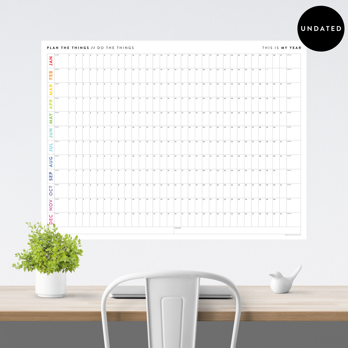 GIANT UNDATED PERPETUAL WALL CALENDAR / BIRTHDAY CALENDAR (HORIZONTAL / RAINBOW)
