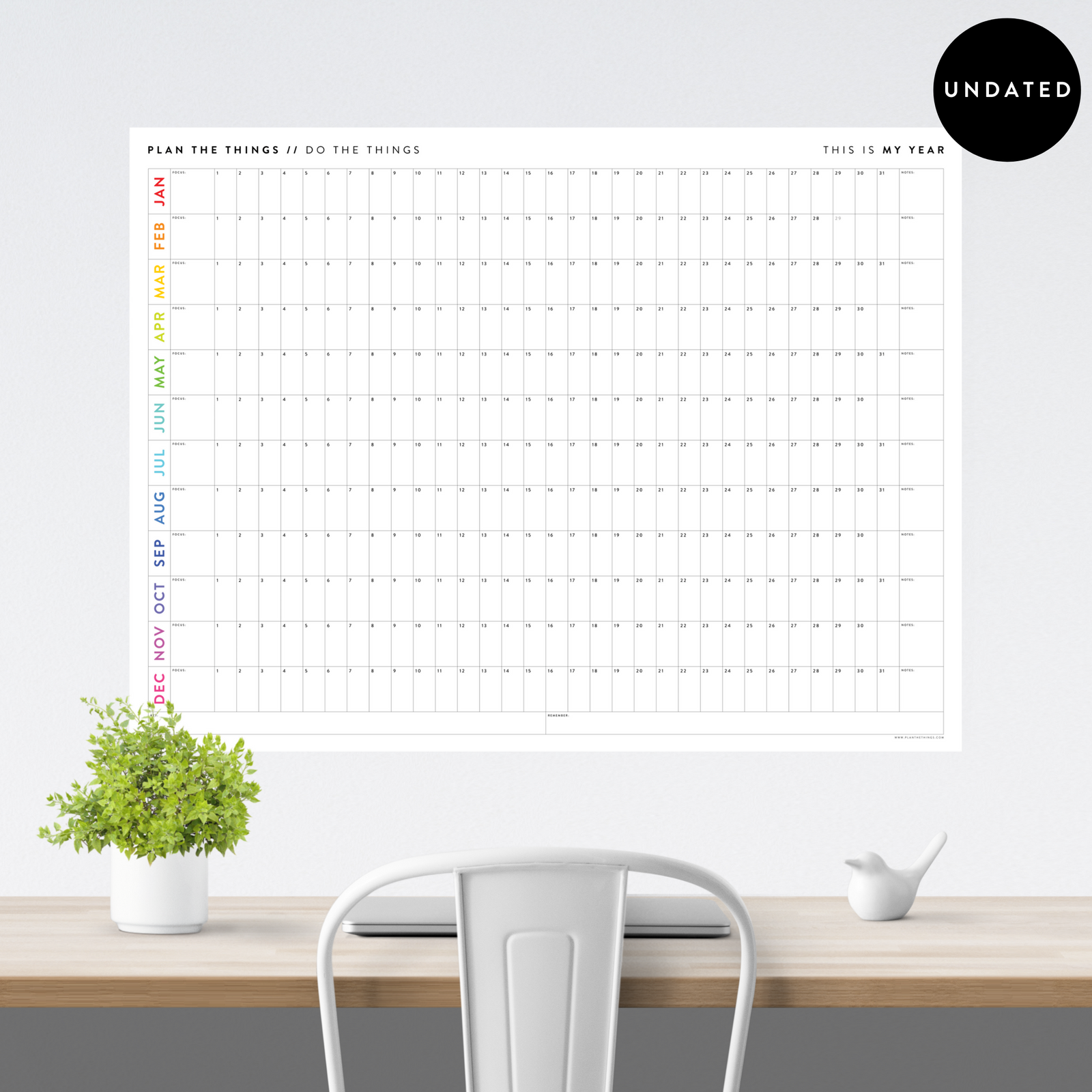 GIANT UNDATED PERPETUAL WALL CALENDAR / BIRTHDAY CALENDAR (HORIZONTAL / RAINBOW)