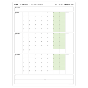 QUARTERLY WALL CALENDAR - Q4 2021 - VERTICAL WITH GREEN WEEKENDS