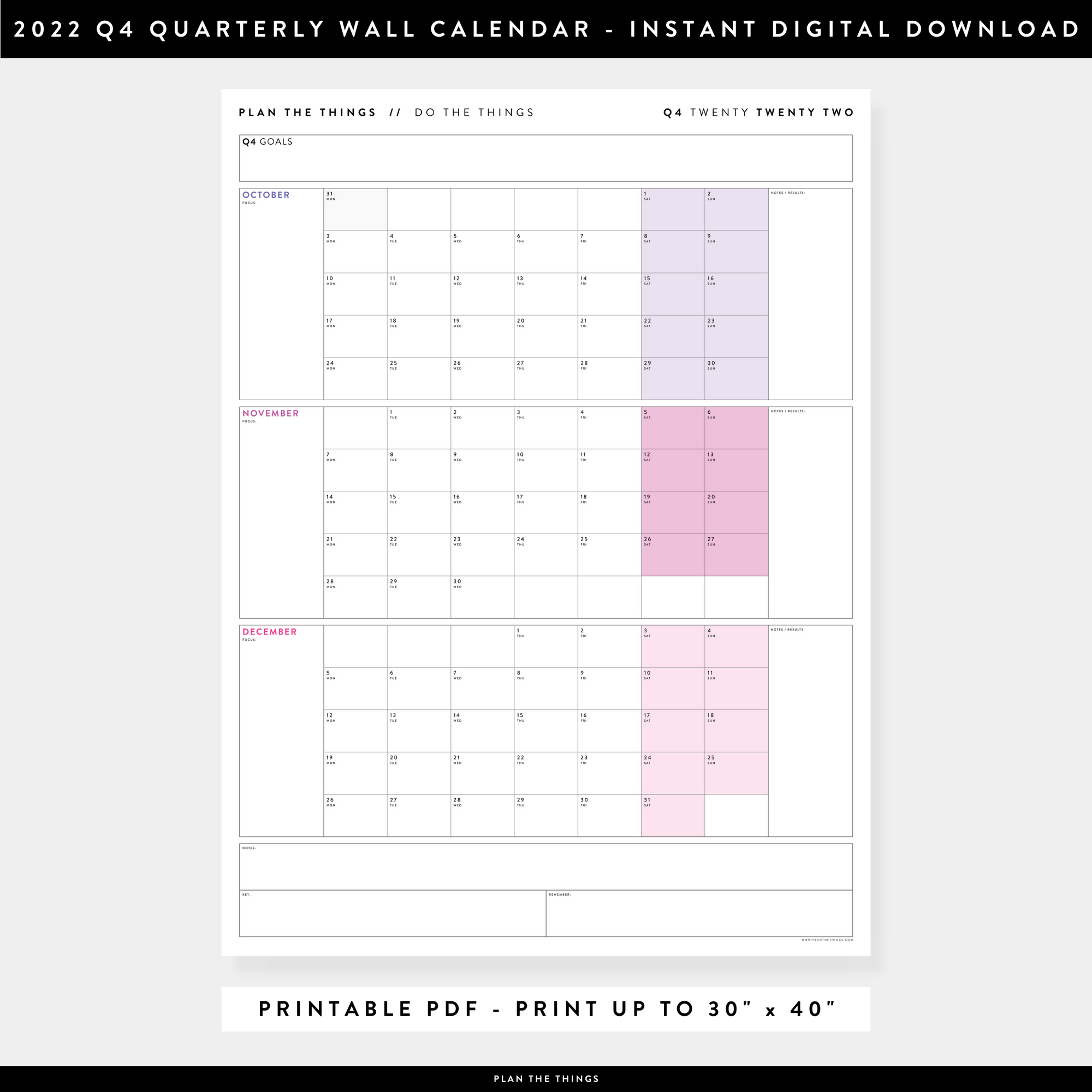 PRINTABLE Q4 (OCTOBER - DECEMBER) 2022 QUARTERLY WALL CALENDAR (RAINBOW) - INSTANT DOWNLOAD