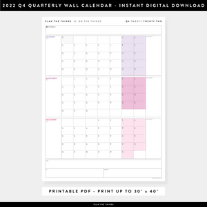 PRINTABLE Q4 (OCTOBER - DECEMBER) 2022 QUARTERLY WALL CALENDAR (RAINBOW) - INSTANT DOWNLOAD
