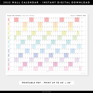 PRINTABLE HORIZONTAL 2022 WALL CALENDAR WITH RAINBOW WEEKENDS - INSTANT DOWNLOAD