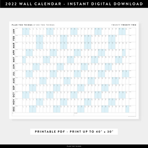PRINTABLE HORIZONTAL 2022 WALL CALENDAR WITH BLUE WEEKENDS - INSTANT DOWNLOAD
