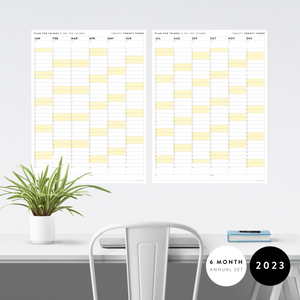 PRINTABLE SIX MONTH 2023 WALL CALENDAR SET WITH YELLOW WEEKENDS - INSTANT DOWNLOAD