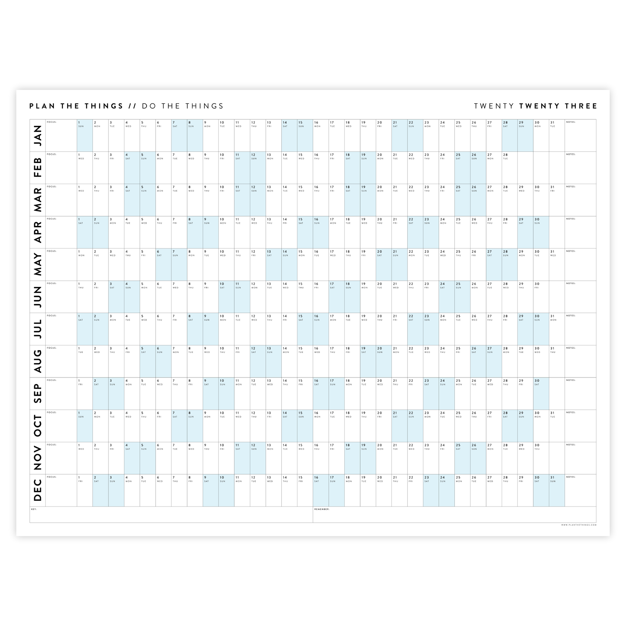 PRINTABLE HORIZONTAL 2023 WALL CALENDAR WITH BLUE WEEKENDS - INSTANT DOWNLOAD