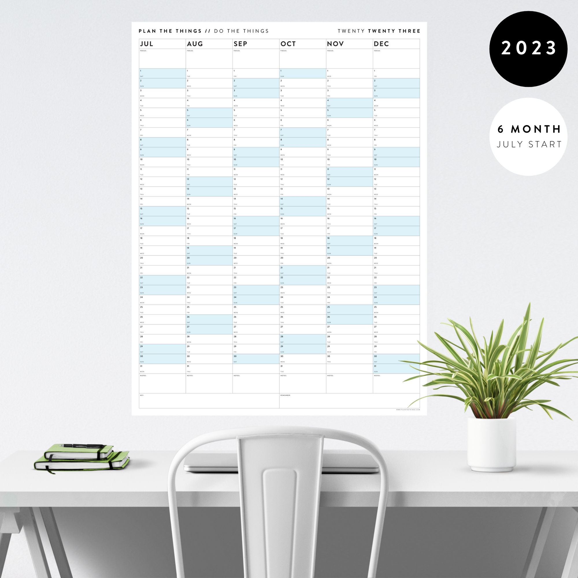 SIX MONTH 2023 GIANT WALL CALENDAR (JULY TO DECEMBER) WITH BLUE WEEKENDS
