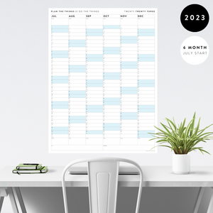 PRINTABLE SIX MONTH 2023 WALL CALENDAR (JULY TO DECEMBER) WITH BLUE WEEKENDS - INSTANT DOWNLOAD