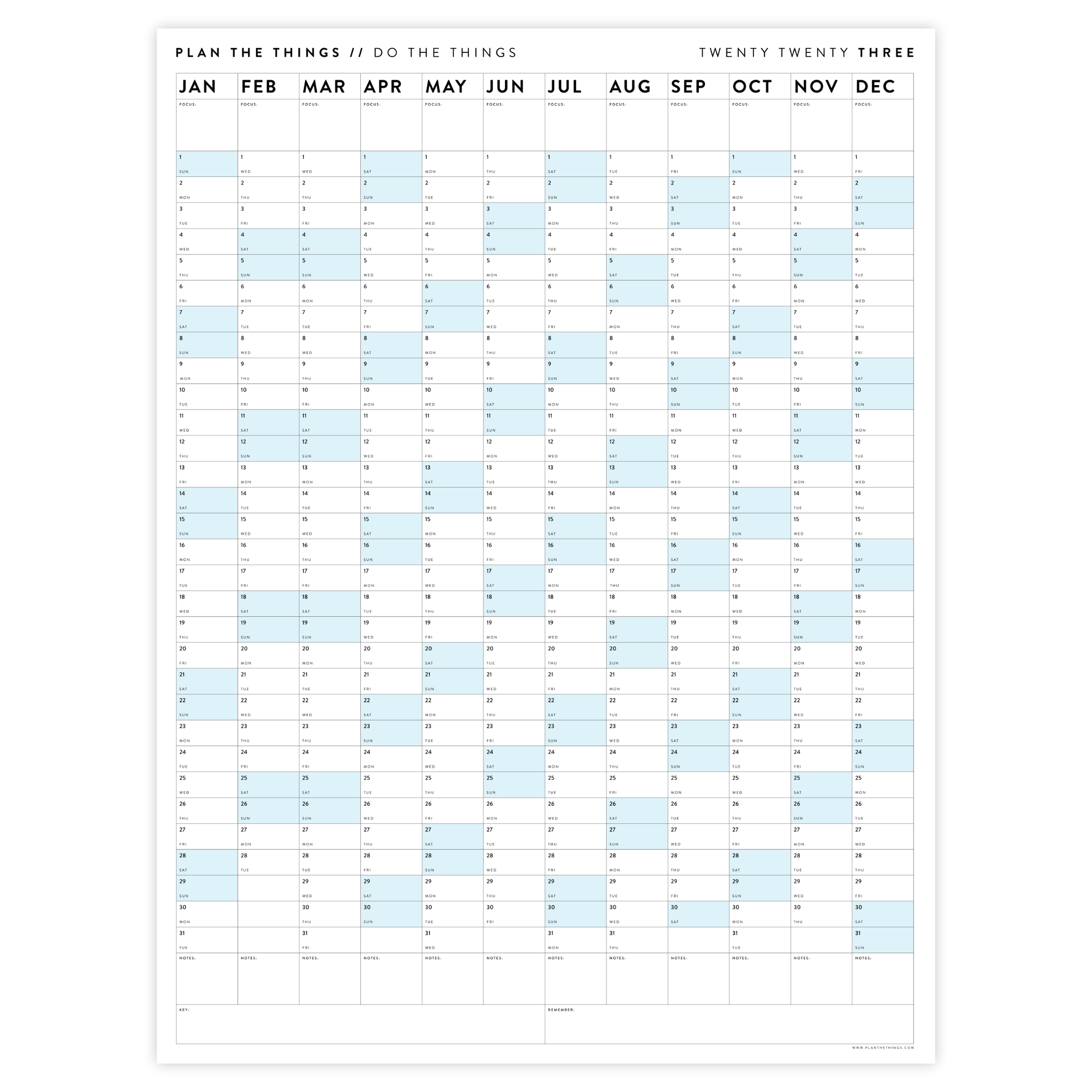PRINTABLE VERTICAL 2023 WALL CALENDAR WITH BLUE WEEKENDS - INSTANT DOWNLOAD