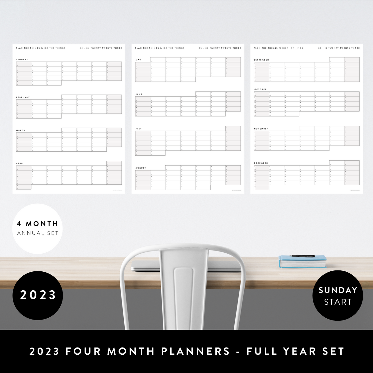 PRINTABLE 2023 FOUR MONTH WALL CALENDAR BUNDLE (GRAY) SUNDAY START - I -  Plan The Things