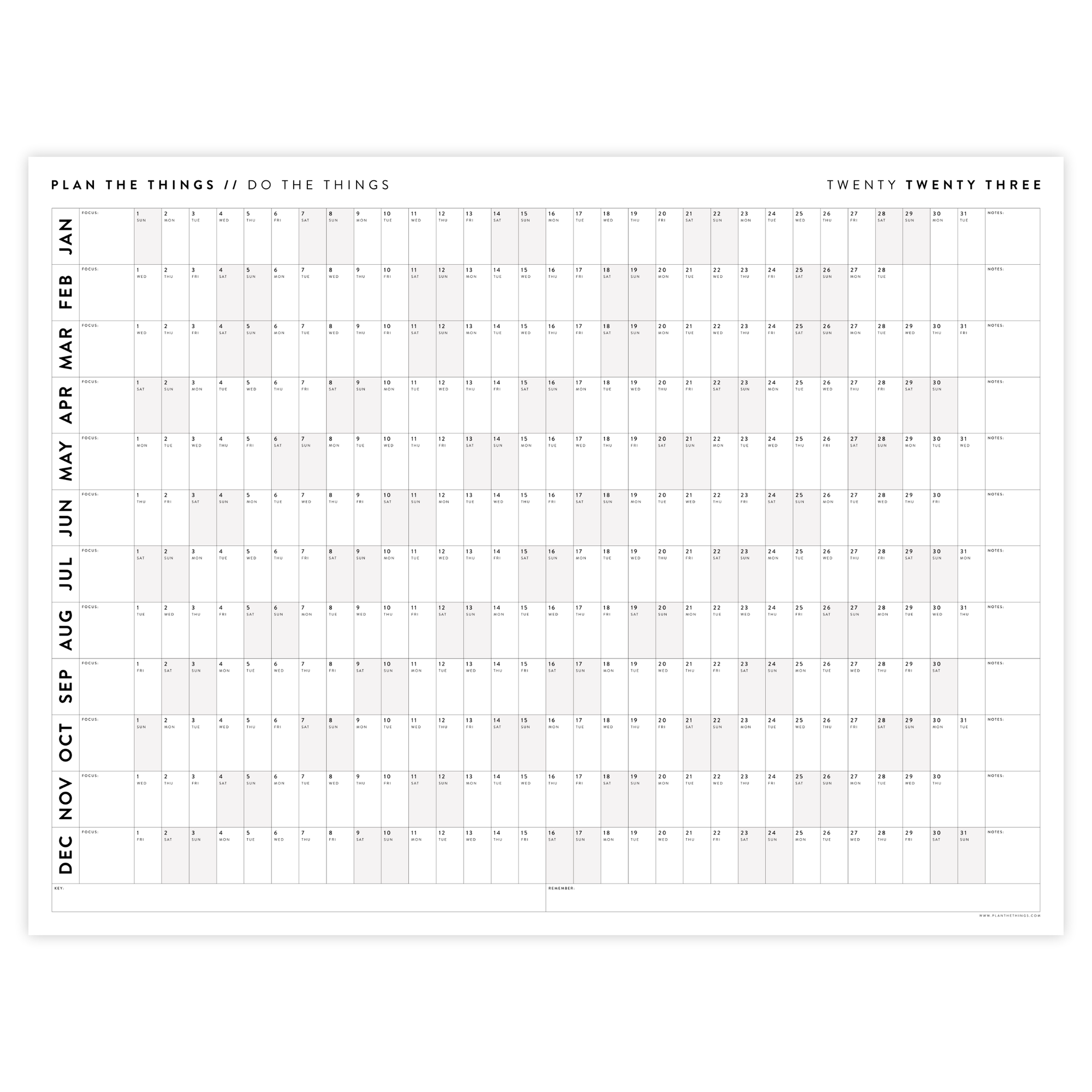 PRINTABLE HORIZONTAL 2023 WALL CALENDAR WITH GRAY WEEKENDS - INSTANT DOWNLOAD