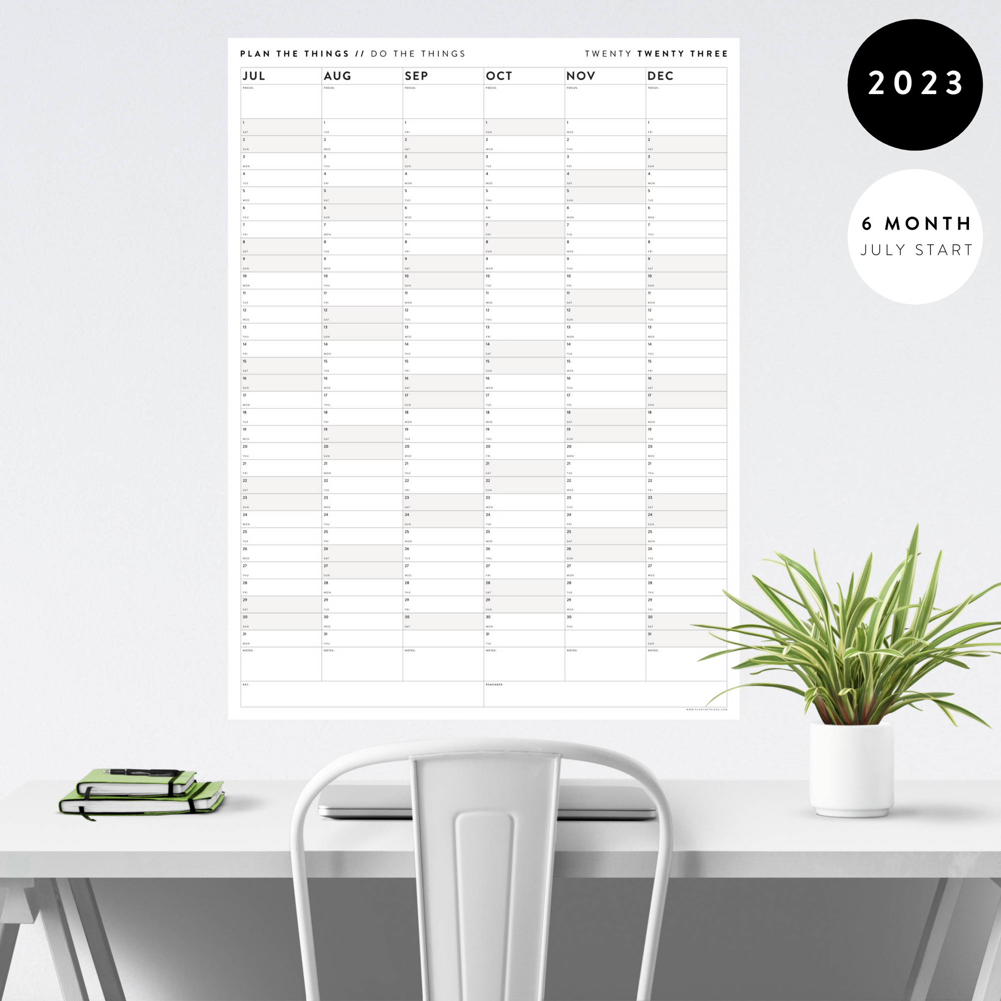SIX MONTH 2023 GIANT WALL CALENDAR (JULY TO DECEMBER) WITH GRAY / GREY WEEKENDS