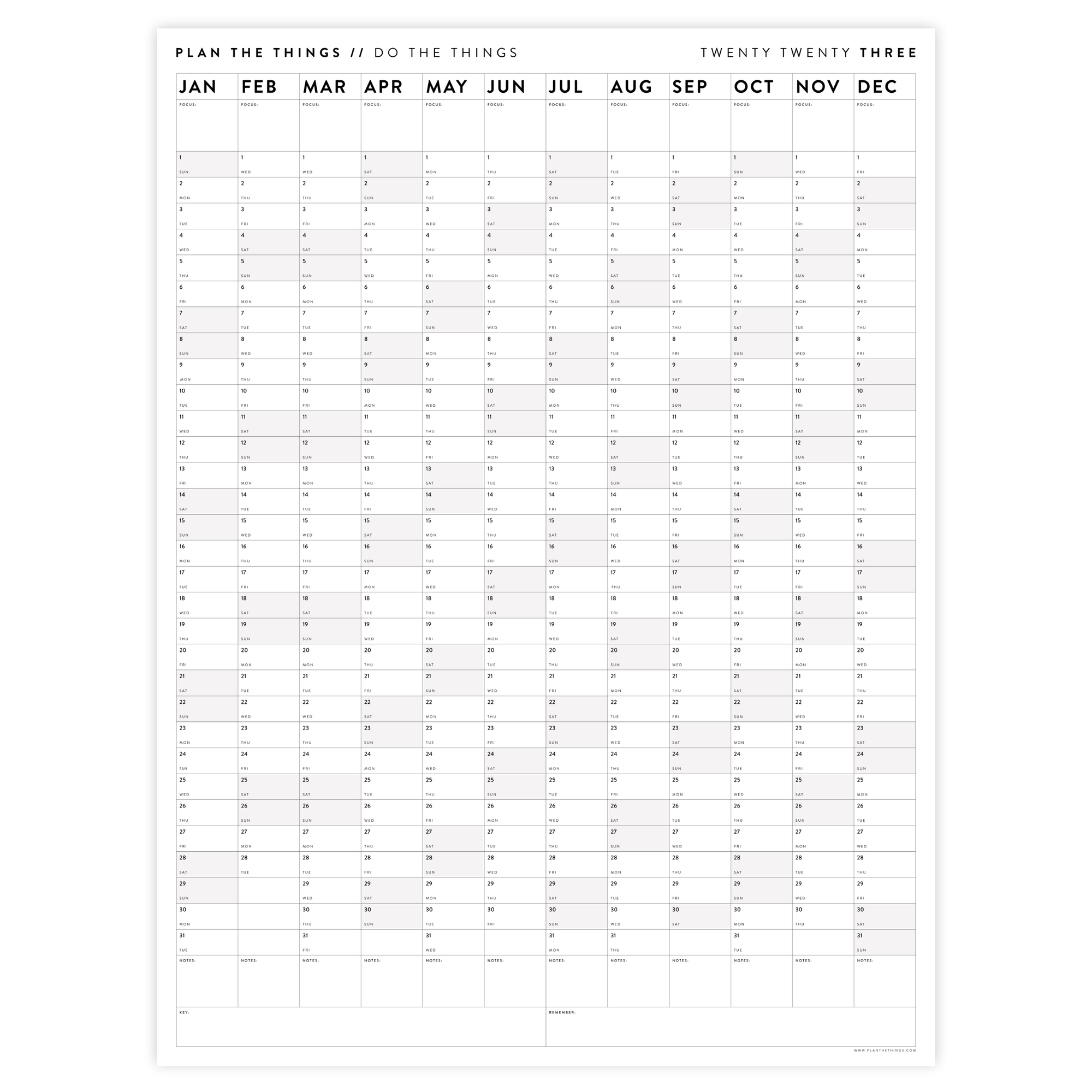 PRINTABLE VERTICAL 2023 WALL CALENDAR WITH GRAY WEEKENDS - INSTANT DOWNLOAD