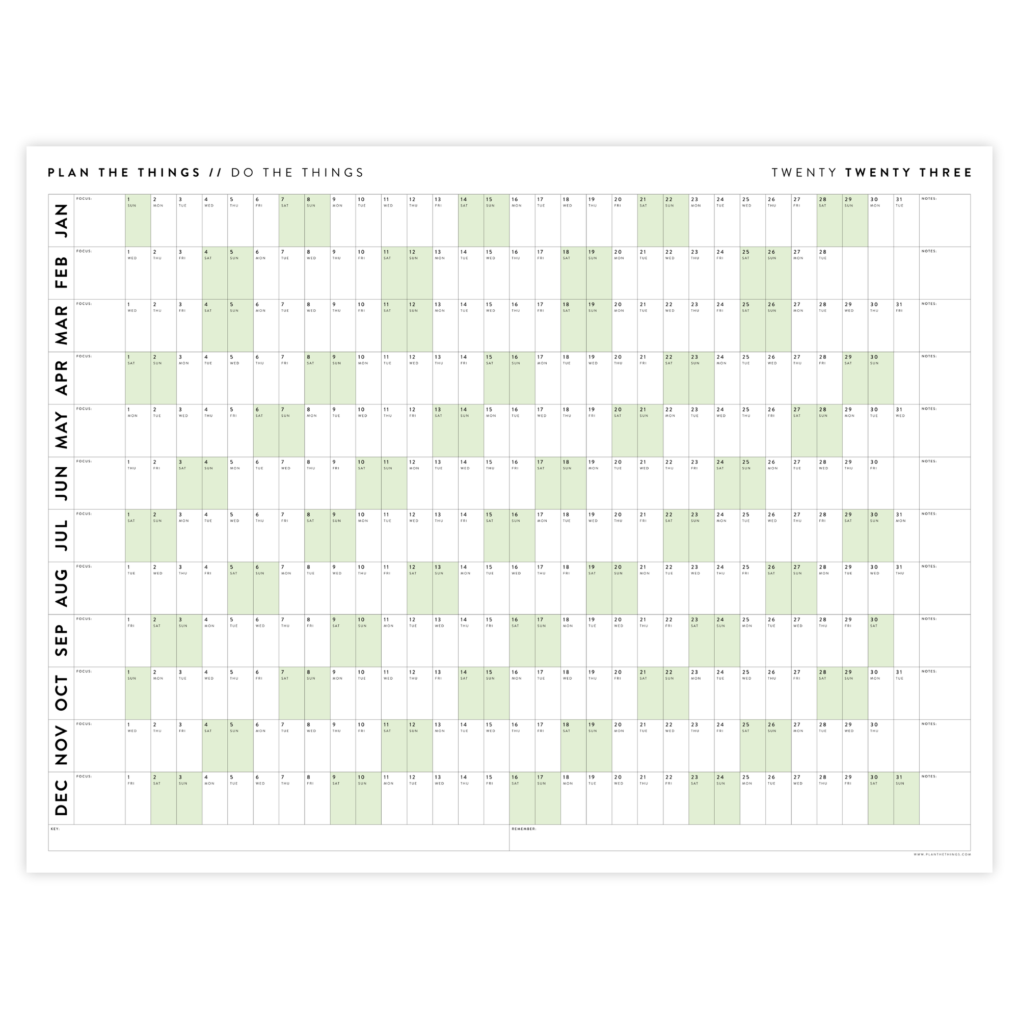 PRINTABLE HORIZONTAL 2023 WALL CALENDAR WITH GREEN WEEKENDS - INSTANT DOWNLOAD