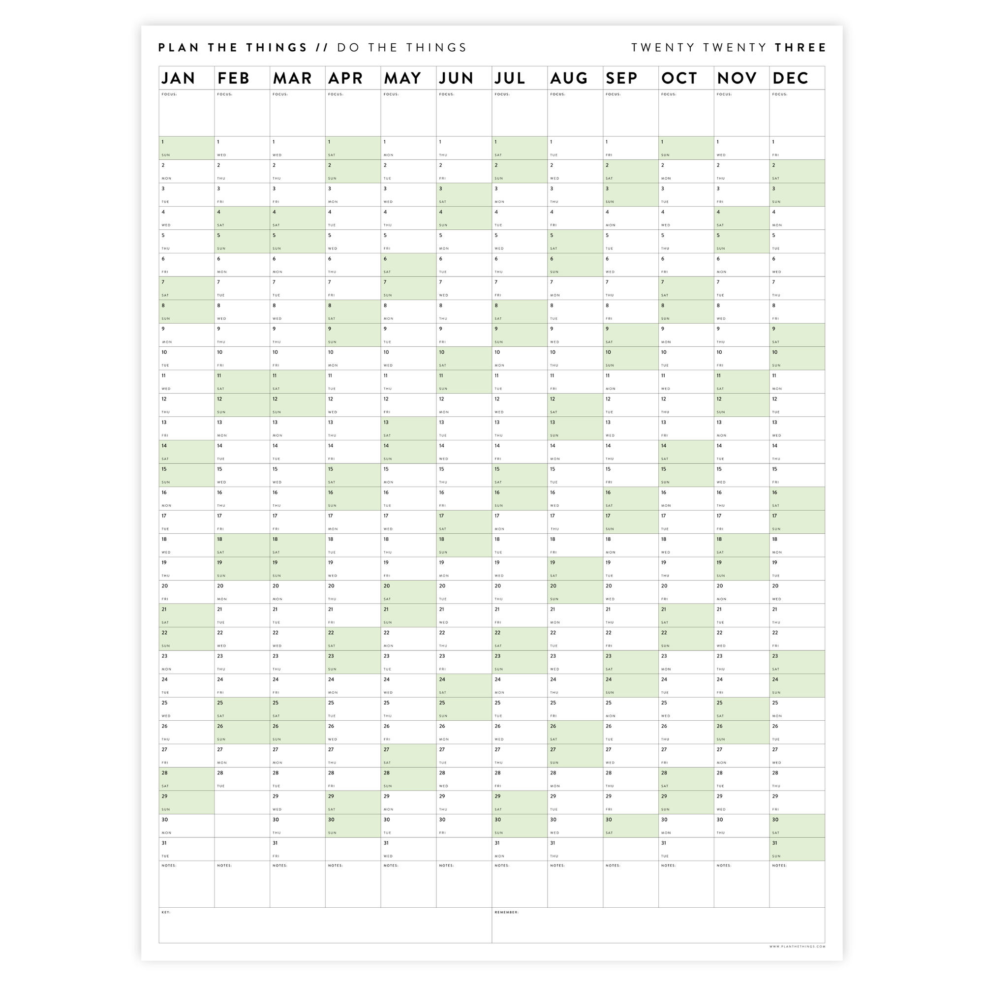 PRINTABLE VERTICAL 2023 WALL CALENDAR WITH GREEN WEEKENDS - INSTANT DOWNLOAD
