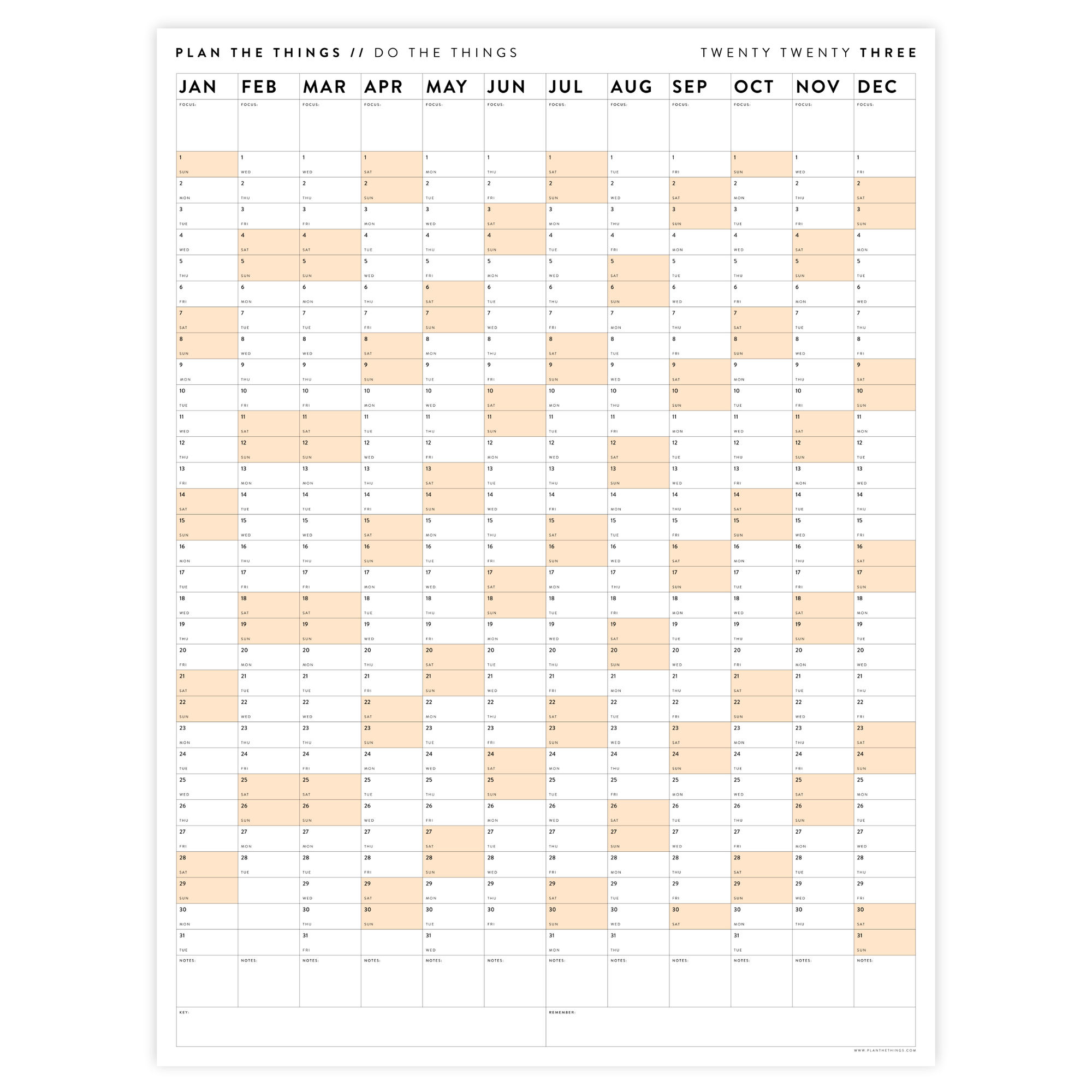 PRINTABLE VERTICAL 2023 WALL CALENDAR WITH ORANGE WEEKENDS - INSTANT DOWNLOAD