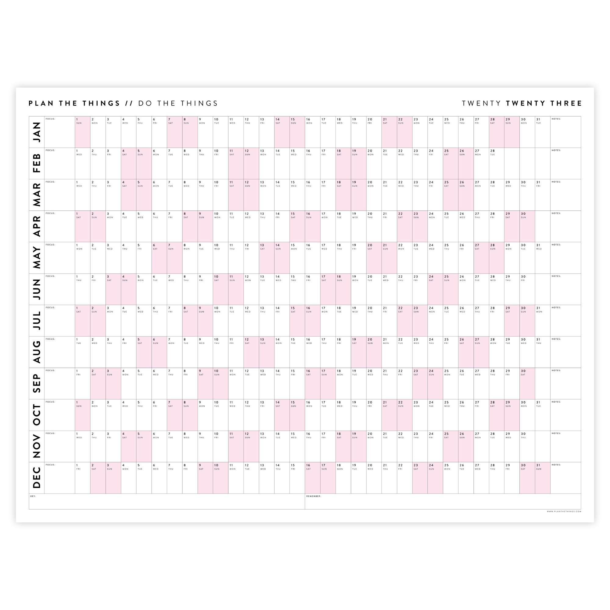 GIANT 2023 WALL CALENDAR | HORIZONTAL WITH PINK WEEKENDS
